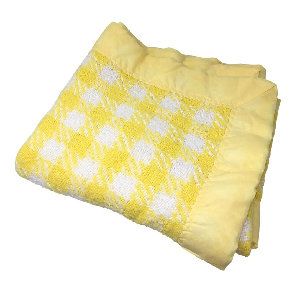 Vintage Chatham Baby Blanket Yellow White Gingham Plaid Check Acrylic Trim